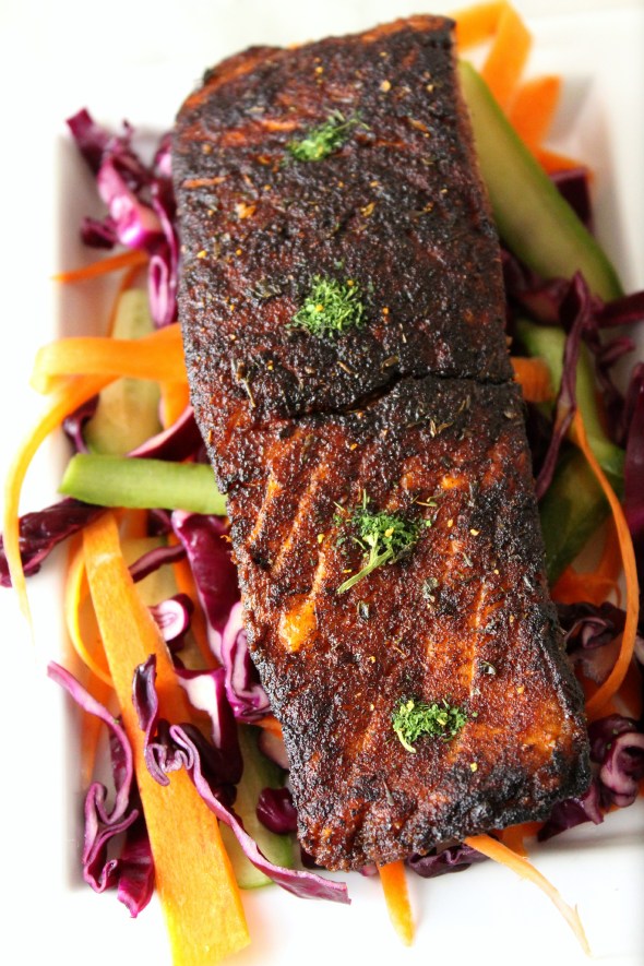 blackened salmon with parsley powder and purple cabbage slaw