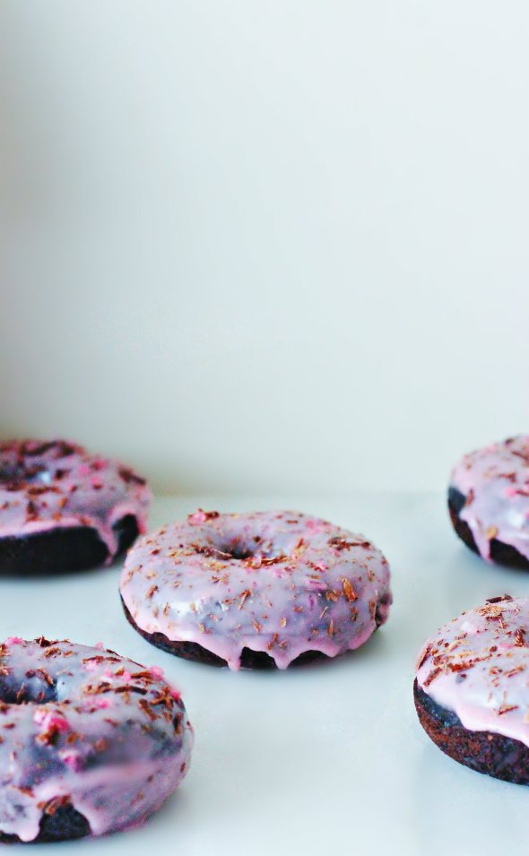Double Chocolate Donuts with Raspberry Glaze & Pomegranate Salt