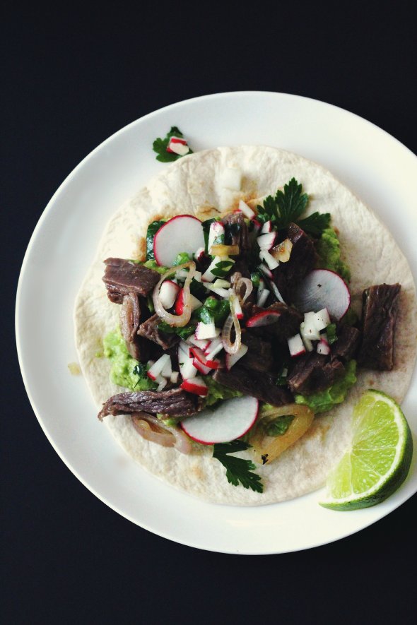 steak tacos with radish salsa and lime