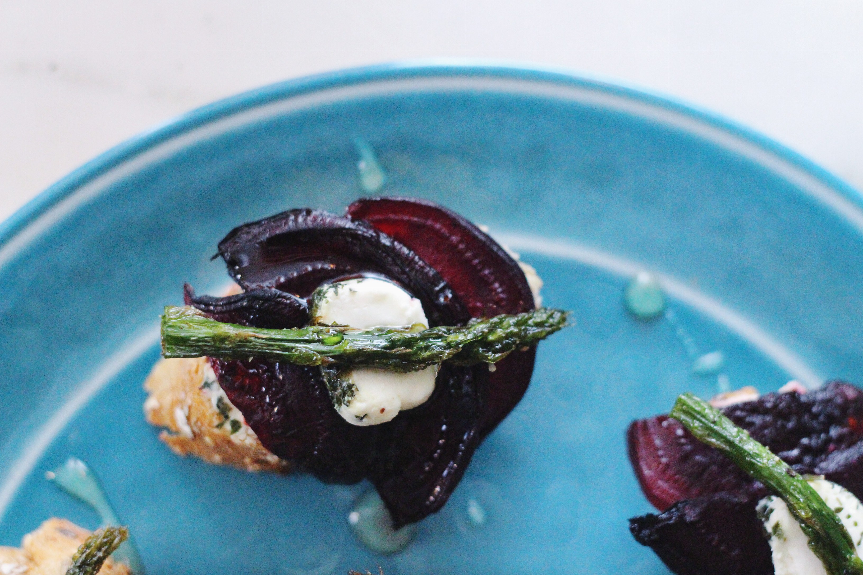 Honeyed Asparagus, Beet & Chevre Crostini