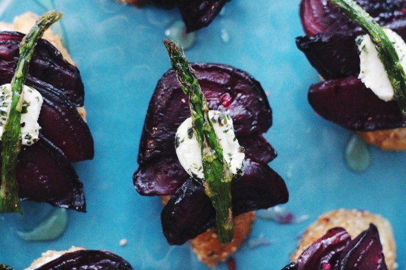 Honeyed Asparagus, Beet & Chevre Crostini