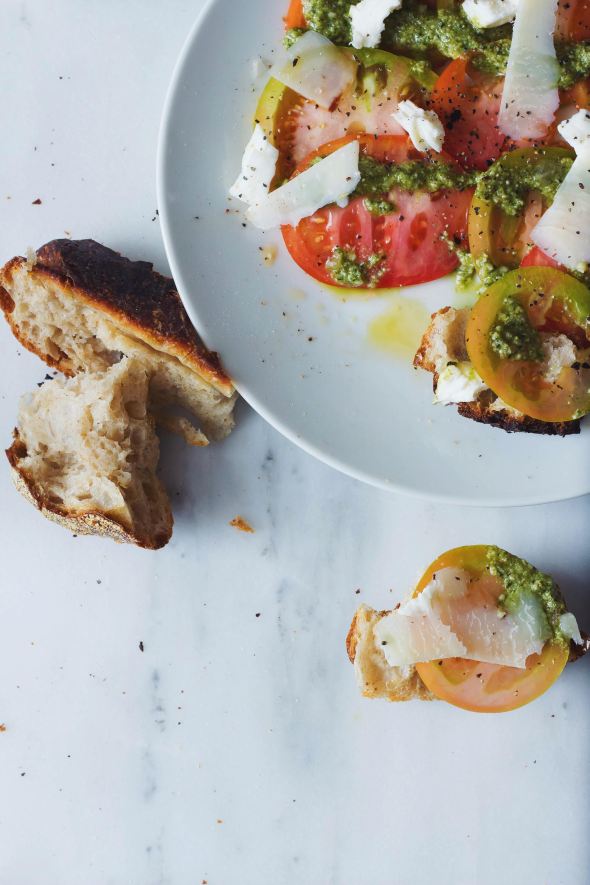 Heirloom Tomatoes with Chili Oil, Pesto & Mozzarella