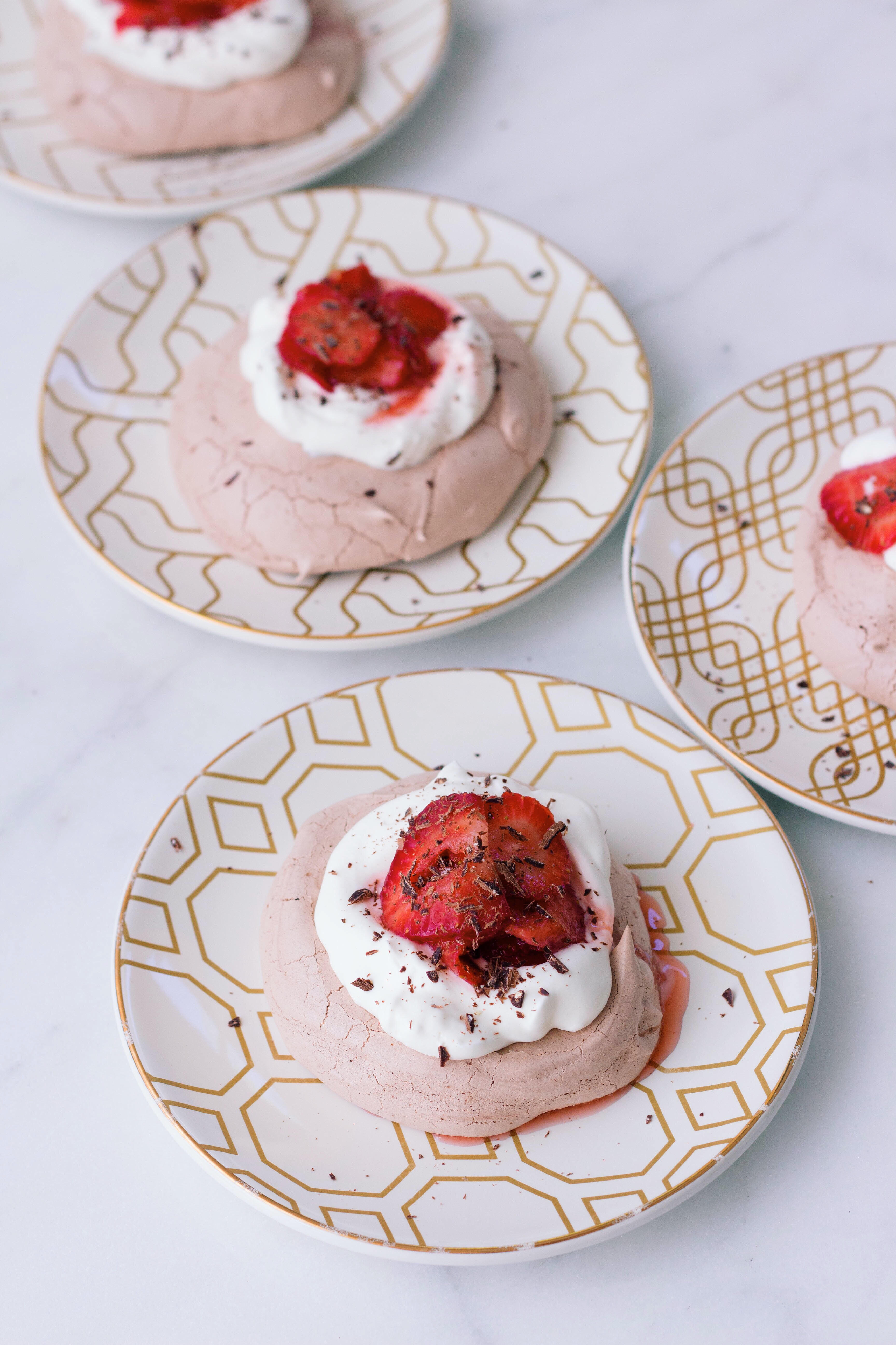 Chocolate Pavlovas with Lavender Cream & Strawberries