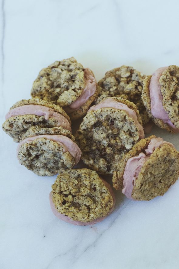 Strawberry Ice Cream Sandwiches with Cacao Nib Cookies