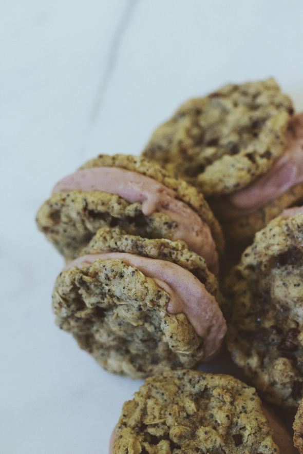 Strawberry Ice Cream Sandwiches with Cacao Nib Cookies