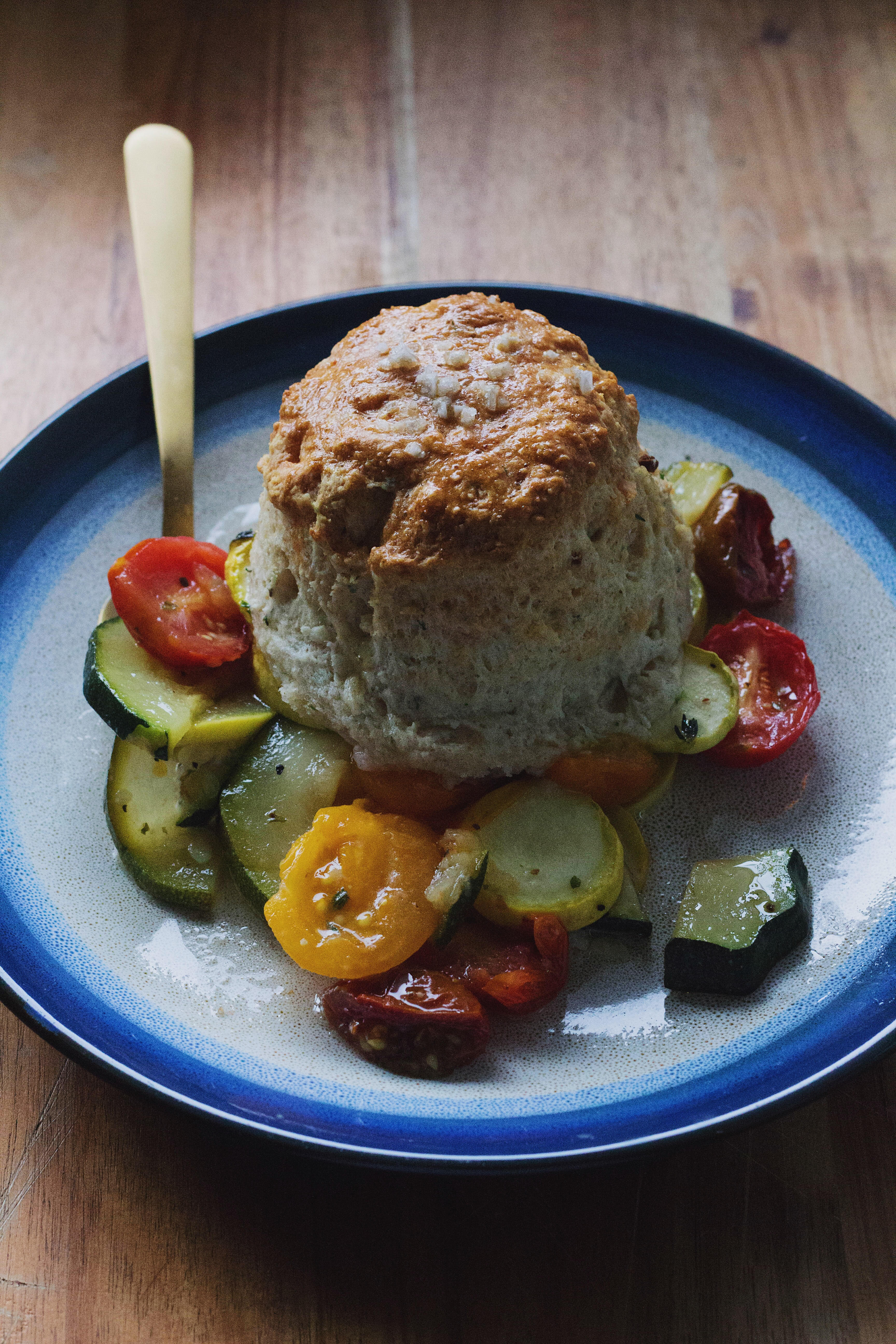 Tomato & Zucchini Cobbler with Gruyere and Thyme Biscuits