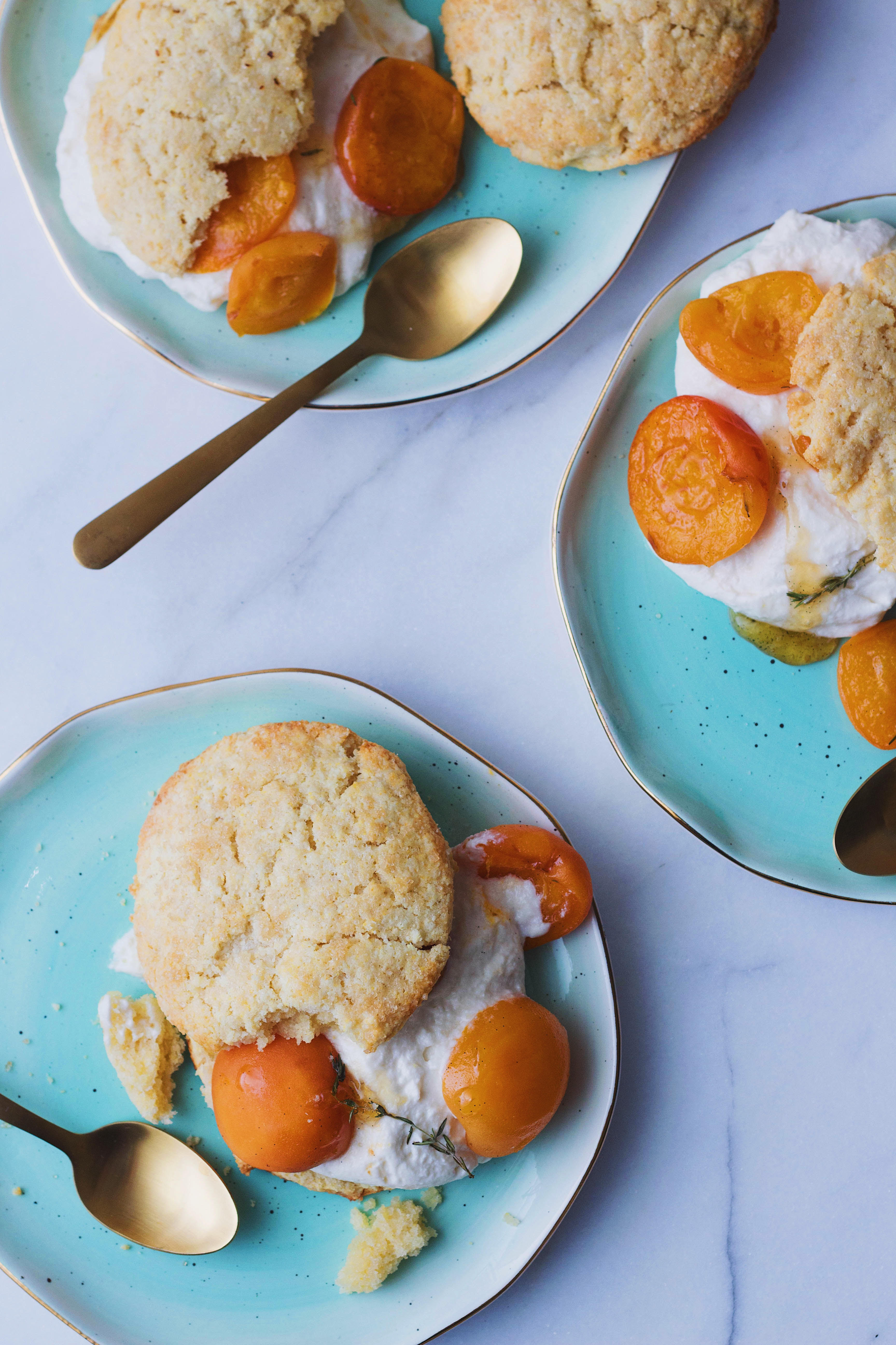 Cornmeal Almond Shortcakes with Roasted Apricots & Whipped Ricotta
