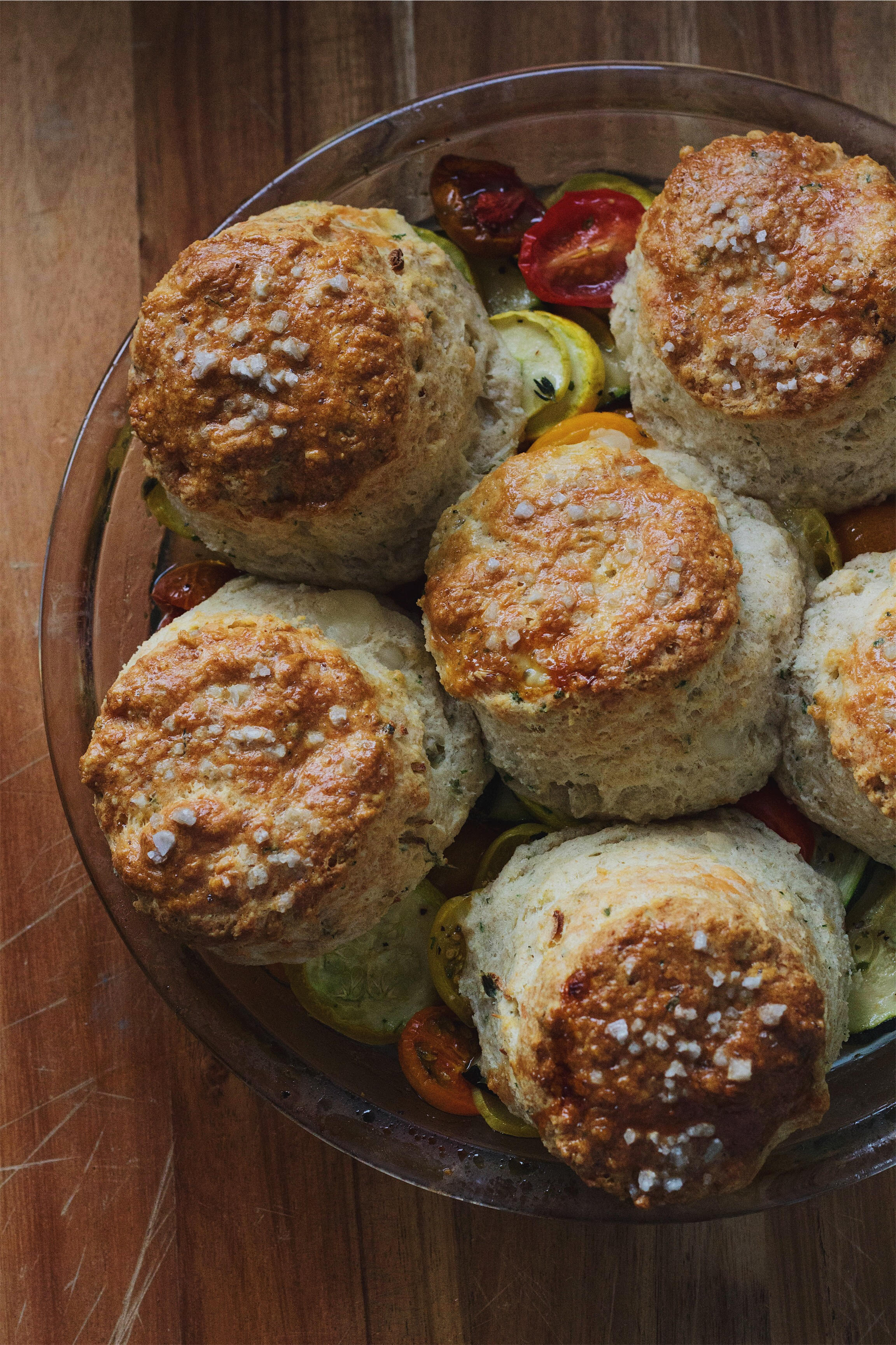 Tomato & Zucchini Cobbler with Gruyere and Thyme Biscuits